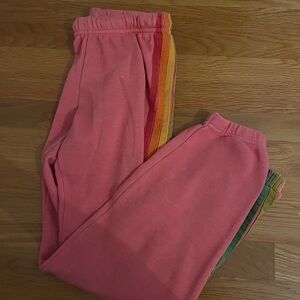 Aviator Nation Pink Joggers with Rainbow Stripes